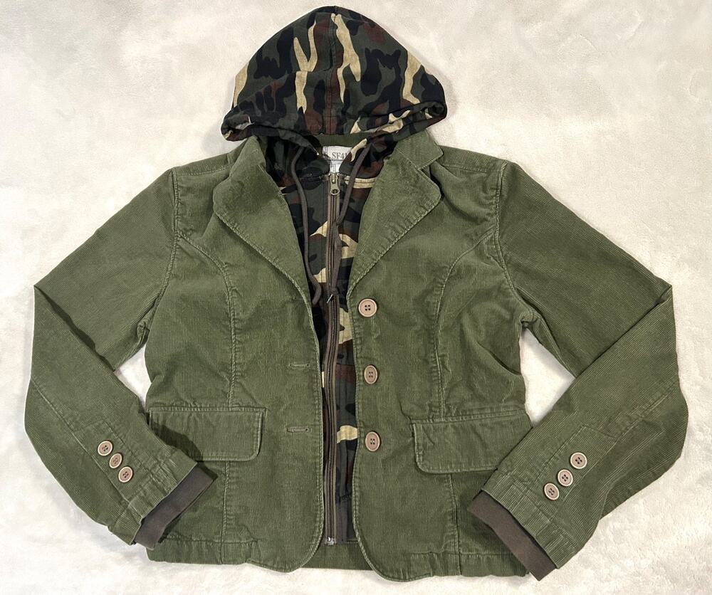SF415 Womens Small Green Corduroy Blazer Jacket Camo Hoodie Layered Y2K Military